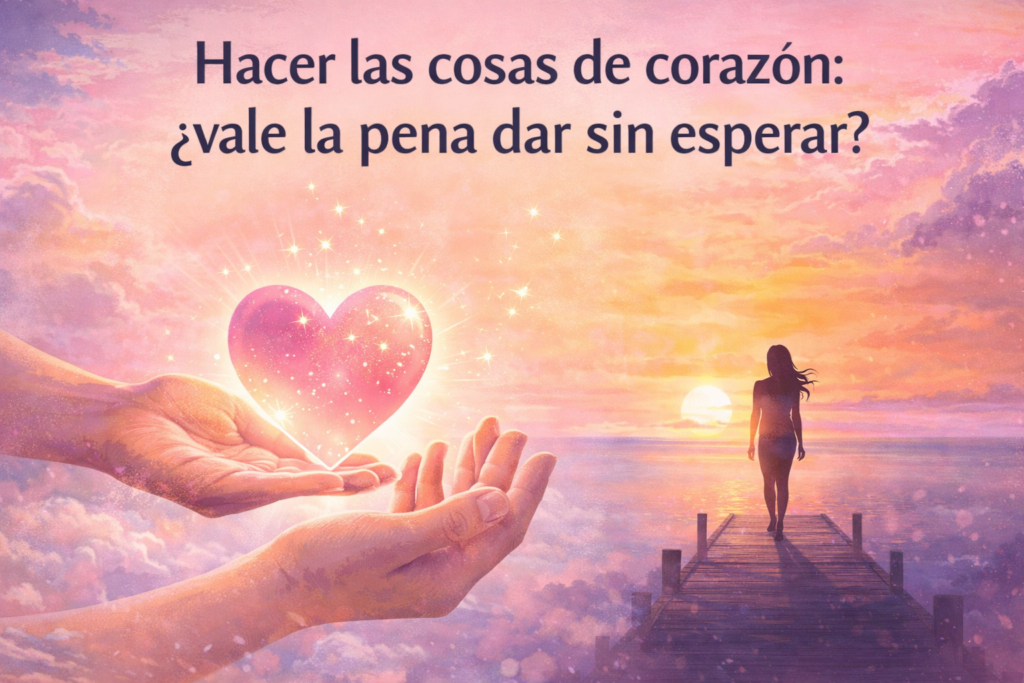 Mujer frente al atardecer recibiendo un corazón luminoso que simboliza hacer las cosas de corazón y dar sin esperar