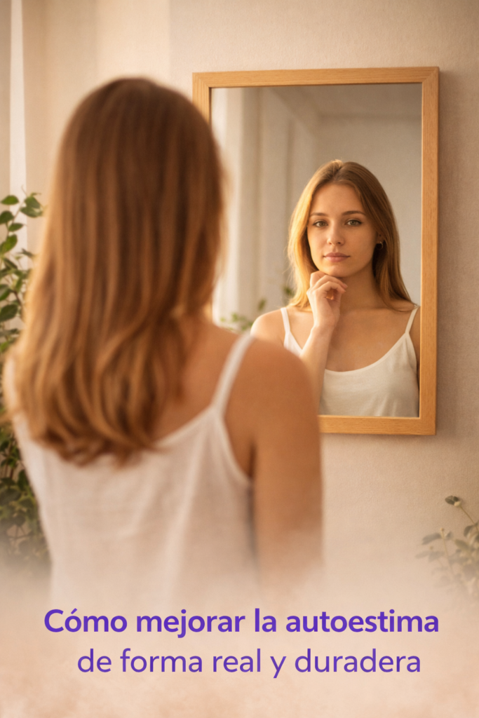 Mujer reflexionando frente al espejo representando el proceso de mejorar la autoestima