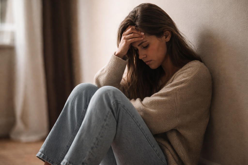 Mujer sentada en el suelo con expresión pensativa y cansada, representando bloqueo emocional y autosabotaje.