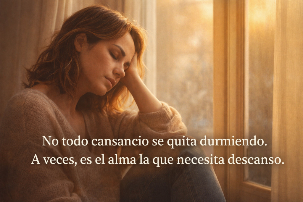 mujer sentada en silencio reflejando cansancio emocional junto a una ventana