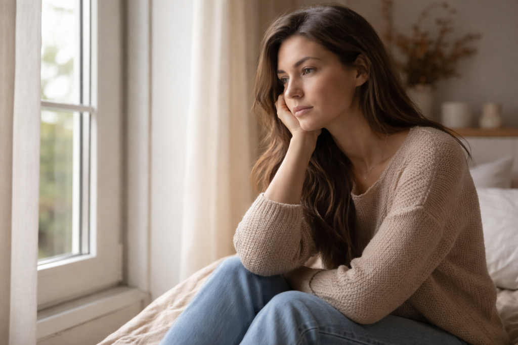 Mujer reflexiva sentada junto a una ventana con luz natural, pensando en una decisión importante sobre su relación.