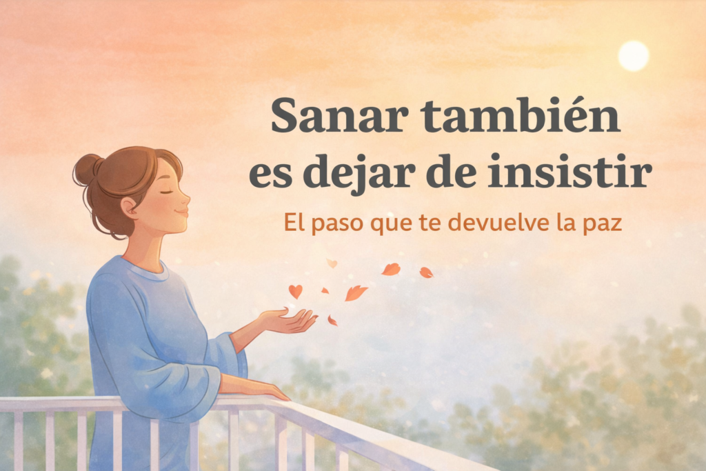 Mujer tranquila soltando hojas en forma de corazón al viento representando el proceso de sanar y dejar de insistir para encontrar paz interior