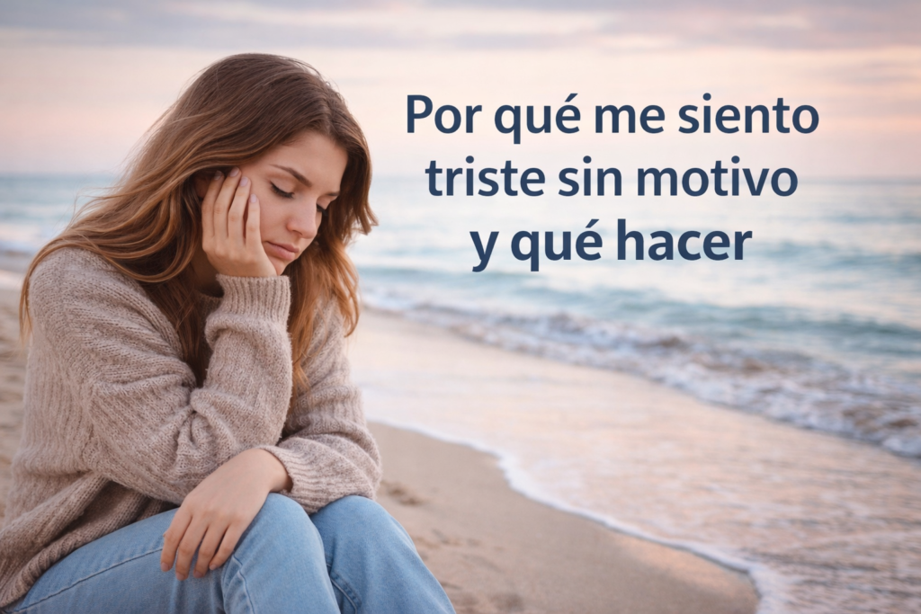 mujer pensativa en la playa sintiéndose triste sin motivo