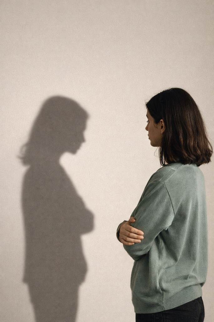 Mujer observando su propia sombra en la pared, representando la reflexión personal y la comparación con uno mismo.