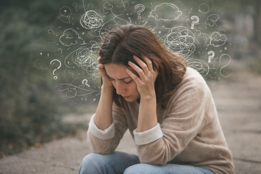 Mujer sentada con las manos en la cabeza rodeada de dibujos que representan pensamientos y preocupación mental.