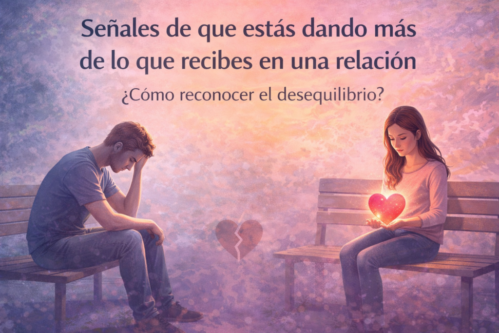 Ilustración de pareja sentada en bancas separadas simbolizando dar más de lo que recibes en una relación y el desequilibrio emocional