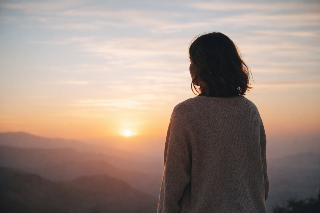 mujer de espaldas mirando el atardecer como símbolo de soltar a alguien y encontrar paz interior