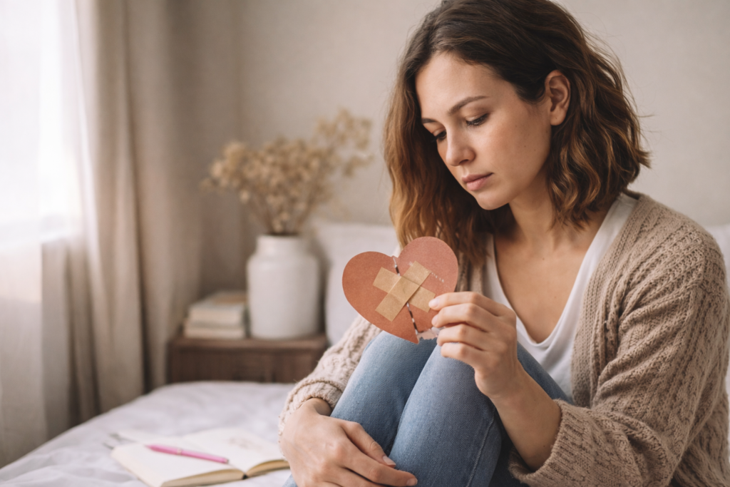 Mujer reflexionando mientras sostiene un corazón reparado, representando cómo recuperar la autoestima después de una relación tóxica y sanar emocionalmente.