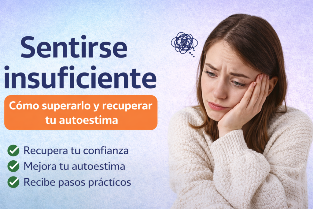 Mujer pensativa con expresión de inseguridad representando el sentimiento de insuficiencia y la búsqueda de autoestima