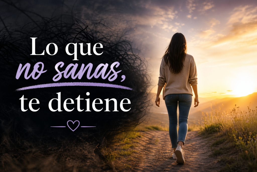 mujer caminando hacia la luz representando la sanación de bloqueos emocionales y crecimiento personal