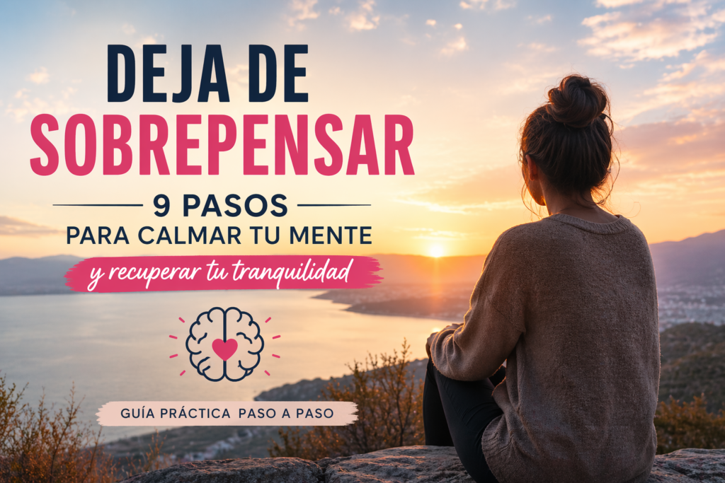 Mujer sentada mirando el atardecer con texto sobre cómo dejar de sobrepensar y calmar la mente en 9 pasos