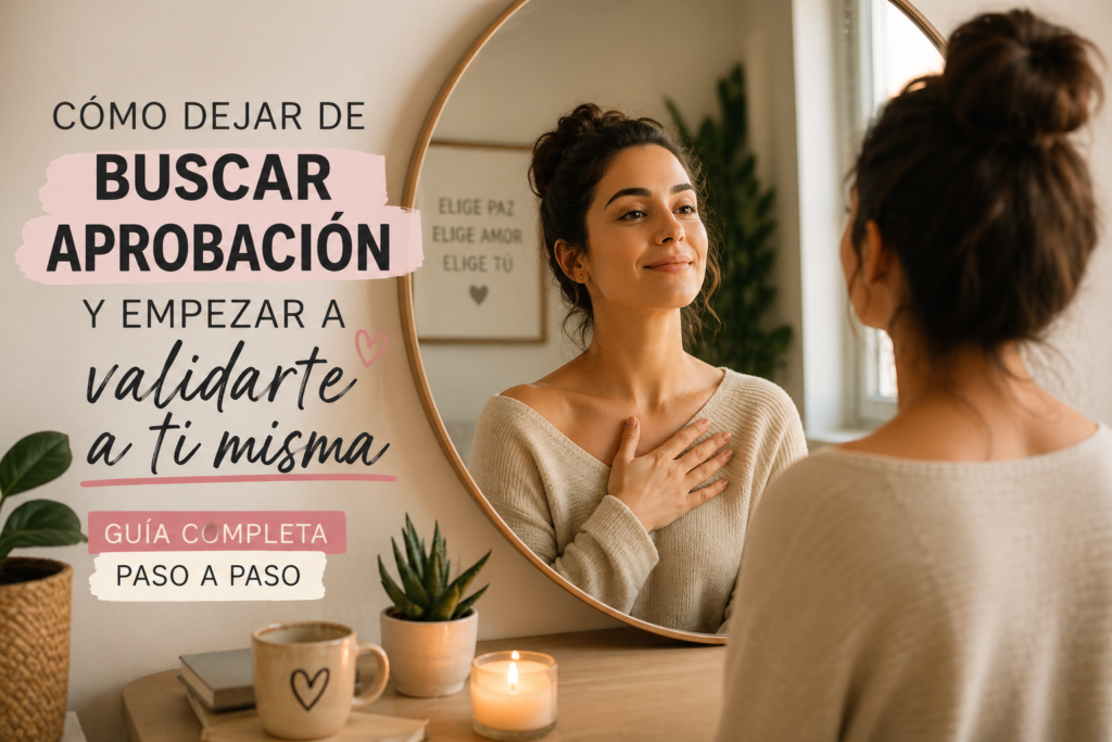 Mujer mirándose al espejo con tranquilidad y seguridad, representando el proceso de dejar de buscar aprobación y validar su propio valor