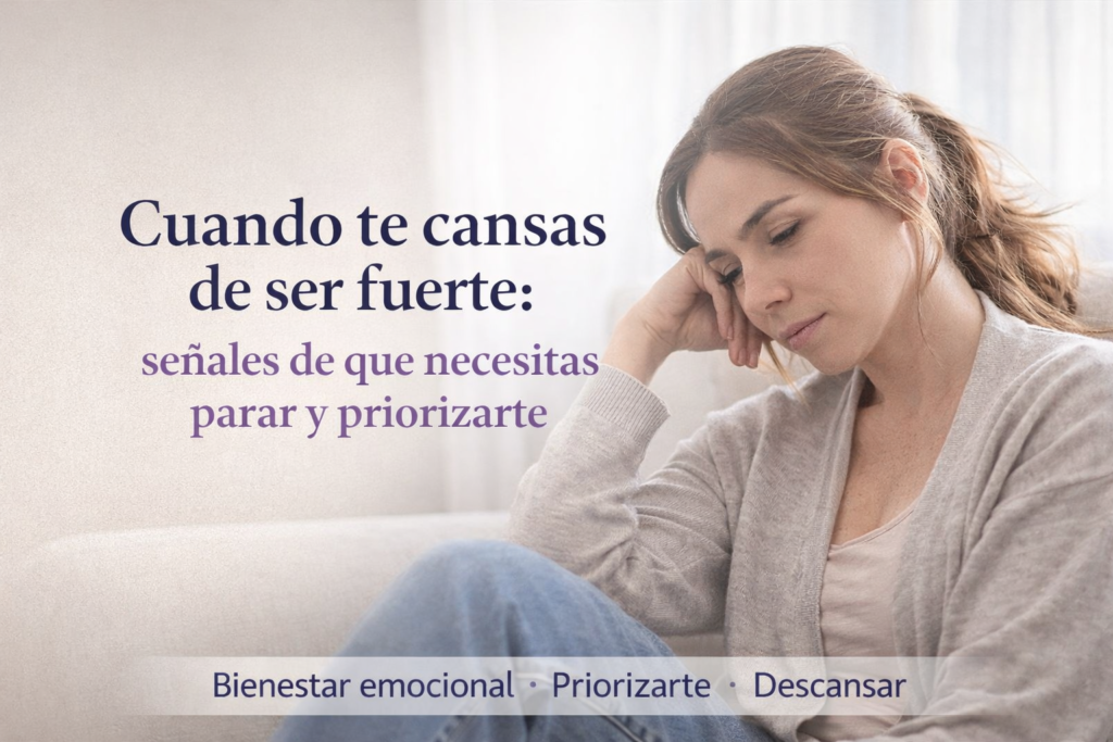 Mujer cansada emocionalmente sentada en calma, reflejando agotamiento por ser fuerte y la necesidad de priorizarse y descansar
