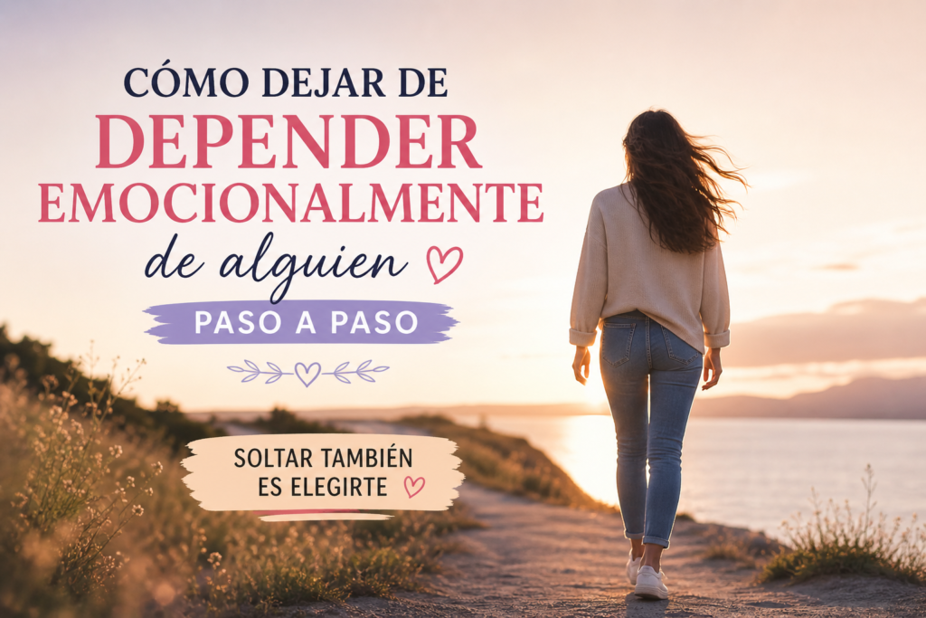 Mujer caminando hacia el horizonte al atardecer con mensaje motivacional sobre cómo dejar de depender emocionalmente y elegirte a ti misma