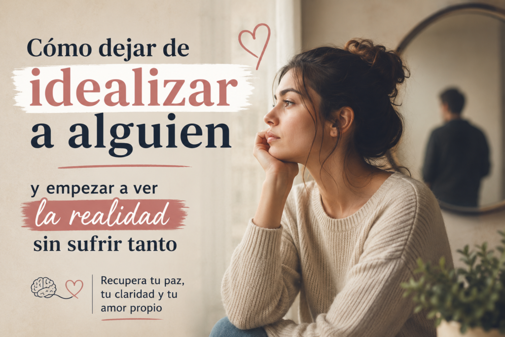 Ilustración emocional de una mujer reflexionando sobre cómo dejar de idealizar a alguien y recuperar su paz emocional.