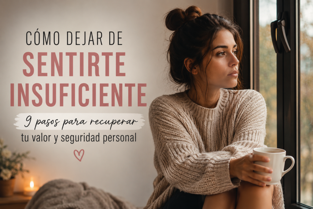 Mujer mirando por la ventana con expresión reflexiva mientras sostiene una taza, imagen cálida sobre bienestar emocional y aprender a poner límites sin culpa.