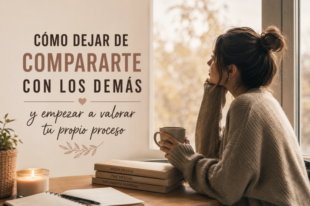 Mujer reflexionando sobre su crecimiento personal y dejando de compararse con los demás.