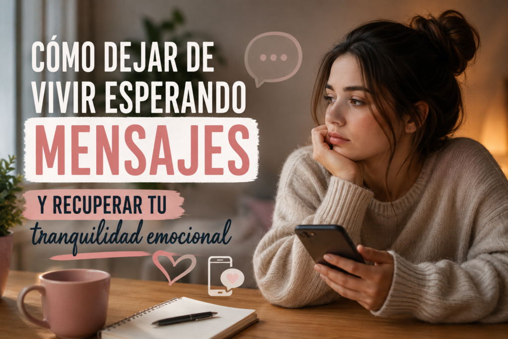 Mujer mirando su celular con expresión pensativa mientras espera mensajes, representando ansiedad emocional y búsqueda de tranquilidad mental.
