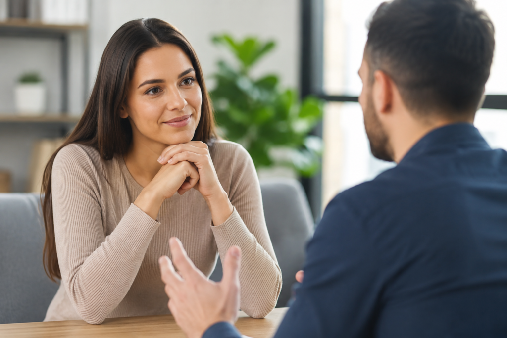 Persona practicando escucha activa durante una conversación que refleja la importancia de aprender a escuchar y mejorar las relaciones humanas.