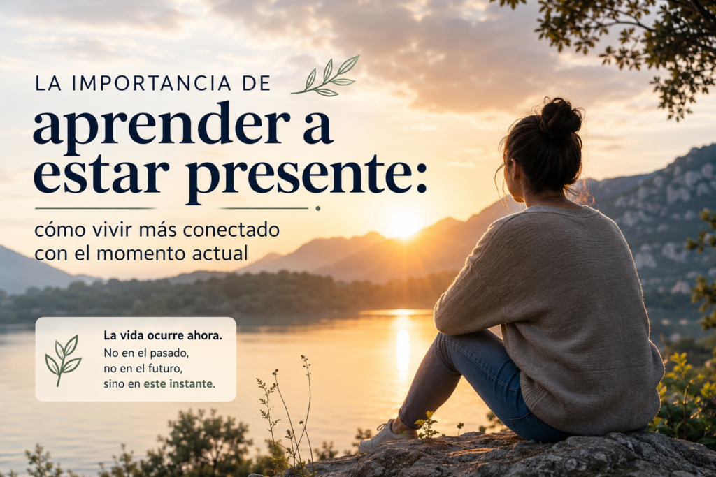 Persona observando un lago al atardecer, representando la importancia de aprender a estar presente y vivir conectado con el momento actual.