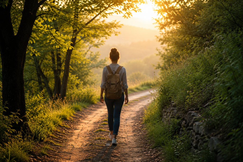 Persona caminando por un sendero natural que representa la confianza, el bienestar emocional y la capacidad de establecer límites saludables.