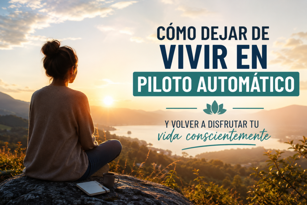 Persona contemplando un paisaje al amanecer mientras reflexiona sobre cómo dejar de vivir en piloto automático y recuperar una vida más consciente y plena