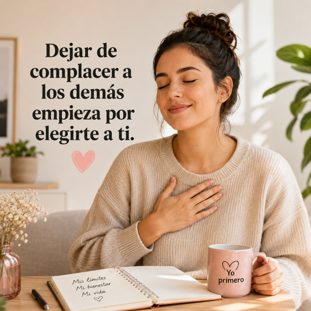 Mujer sonriendo con serenidad mientras aprende a poner límites y dejar de complacer a los demás para fortalecer su autoestima.